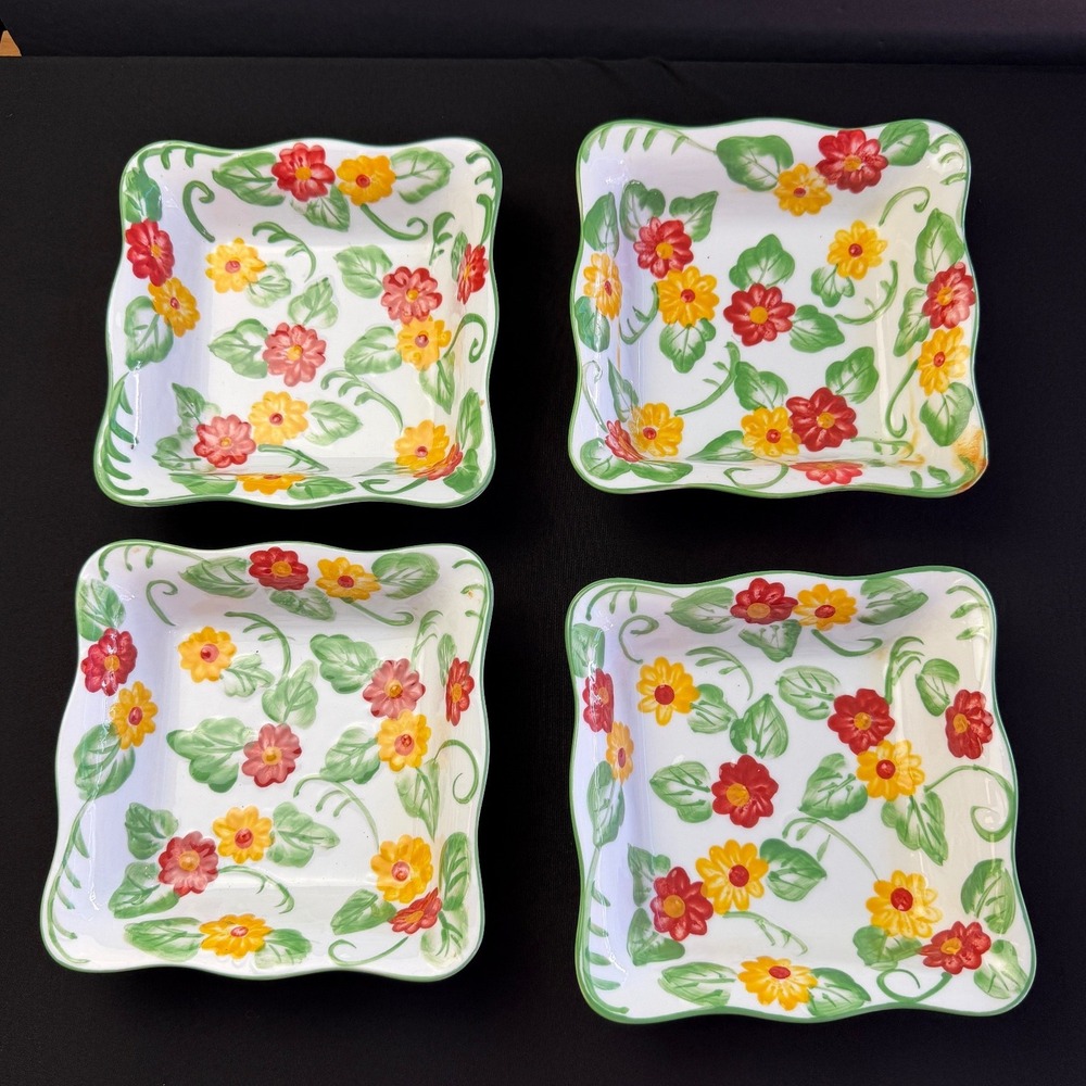 Temp-tations Old World Floral 7in Square Bowls Set of 4 With Lids Ceramic Garden
